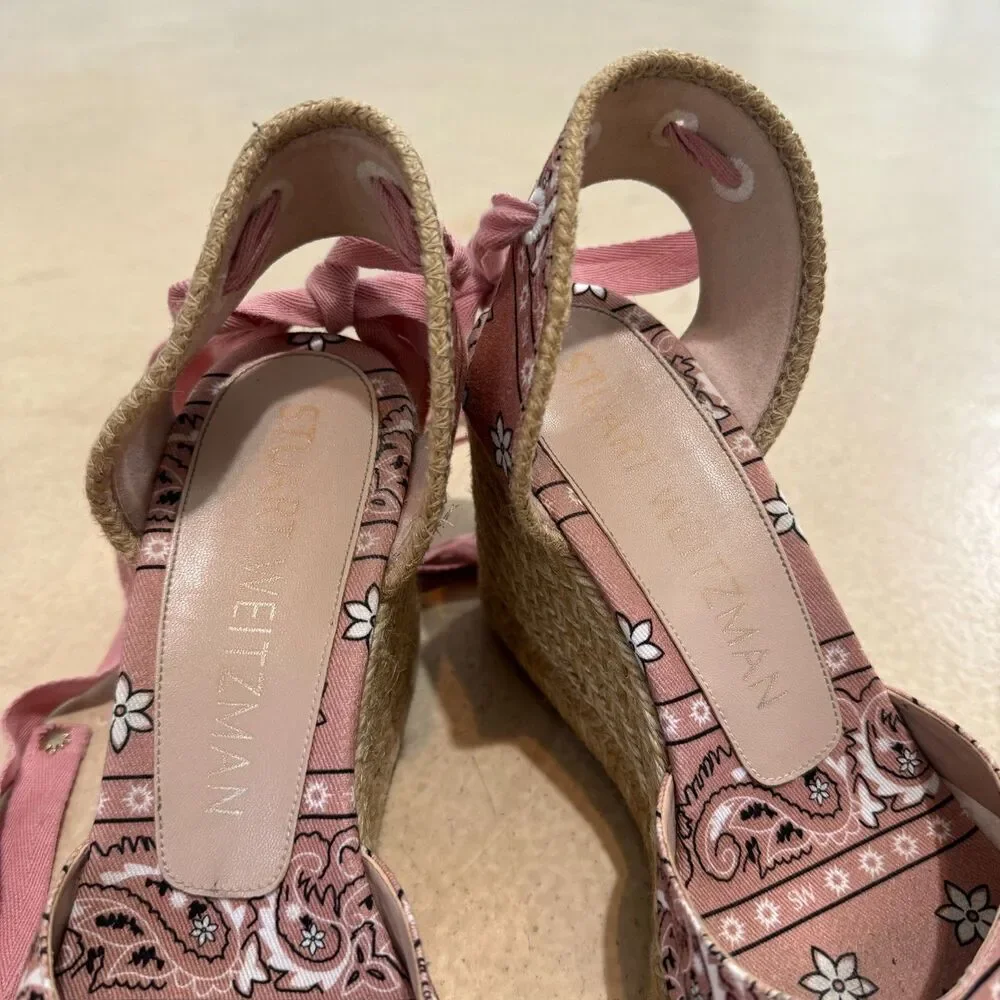 Stuart Weitzman Sandals Wedge Espadrille Bandana Print Pink Women sz 8.5